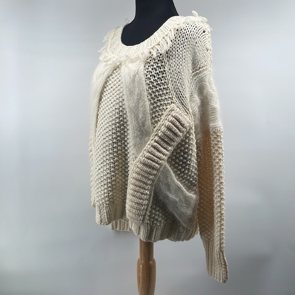 Nine West cream wool blend chunky knit sweater boho fringe sweater sz lg - Picture 6 of 12